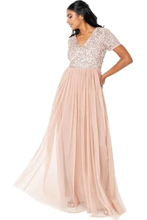 Maya Deluxe Abendkleid mit Pailletten Cocktailkleid Damen mit V-Ausschnitt Tüllkleid Erröten Größe 36