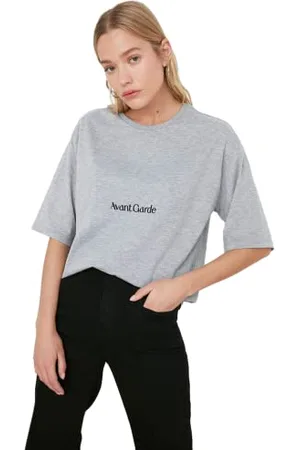 Trendyol Damen Woman Relaxed Standard Crew Neck Woven T-shirt Hemd, Gray, L EU