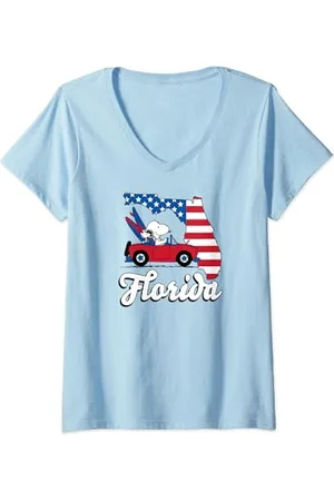 Peanuts Damen – Snoopy Woodstock Florida USA Americana Flaggenfüllung T-Shirt mit V-Ausschnitt