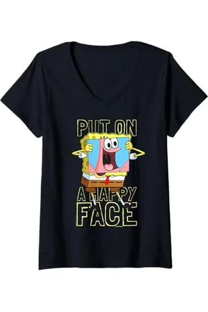 Spongebob Damen Sponge Bob - Schwammkopf Put On A Happy Face Patrick T-Shirt mit V-Ausschnitt