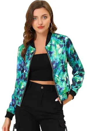 Allegra K Damen Bunt Blouson Frühling Sommer Bomberjacke Blumenmuster Reißverschluss Jacket S