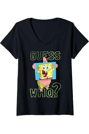 Spongebob Damen Sponge Bob - Schwammkopf Patrick Guess Who T-Shirt mit V-Ausschnitt