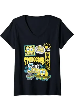 Spongebob Damen Sponge Bob - Schwammkopf Skateboar Skate Star T-Shirt mit V-Ausschnitt