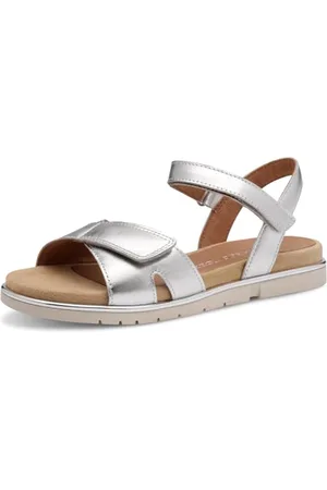 Marco Tozzi Damen Sandalen flach aus Leder mit Klettverschluss, (Silver), 39 EU