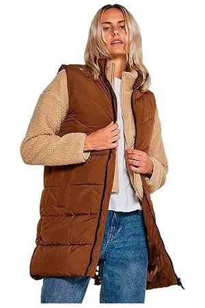 Noisy May Damen Winter Weste NMDALCON Lange wattierte Puffer Stepp Jacke mit Zip ohne Ärmel, Farben:Braun, Größe:S