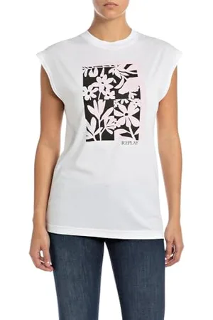 Replay Damen T-Shirt Kurzarm mit Print, Weiß (White 001), M