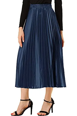 Allegra K Damen Party Elastische Taille Metallic Glänzend Akkordeon Plissee Midi Rock, Dunkelblau, Groß