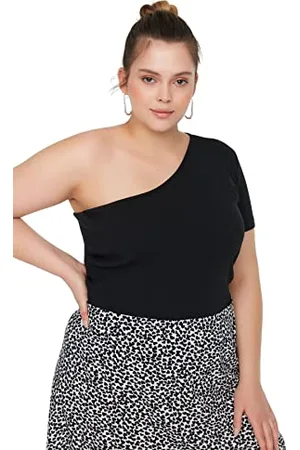Trendyol Damen Damenbluse mit asymmetrischem Kragen, eng anliegend, gestrickt, Übergröße Hemd, , 3XL Groß