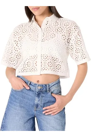 THE DROP LUE Lace Button Down Cropped Shirts, , L