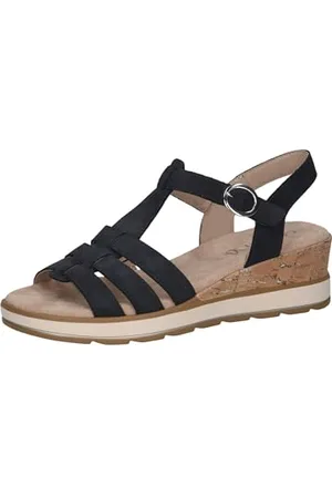 Caprice Damen Sandalen mit Keilabsatz aus Leder mit Klettverschluss, Blau , 42 EU