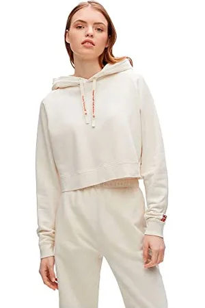 HUGO BOSS Damen Dimalaya Sweatshirt aus Baumwoll-Terry in Cropped-Länge mit Love-Logos Weiß L