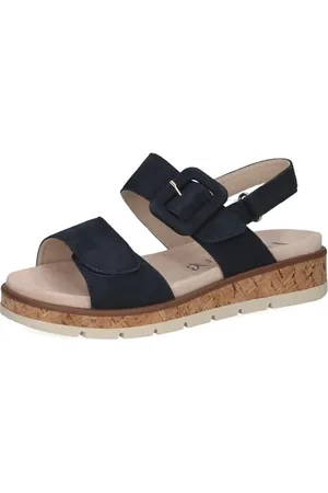 Caprice Damen Sandalen flach aus Leder mit Plateau, Blau , 42 EU