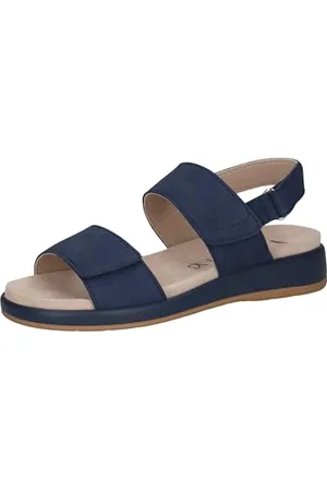 Caprice Damen Sandalen flach aus Leder mit Klettverschluss, Blau , 39 EU
