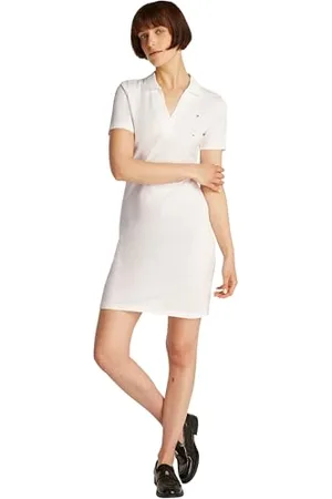 Tommy Hilfiger Damen Polokleid Slim Fit V-Neck Kurz, Weiß (Ecru), XS