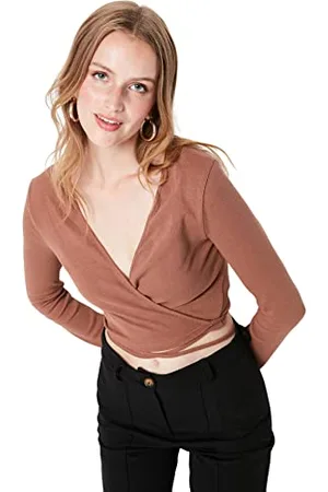 Trendyol Damen Figurbetont Wickelschnitt zweireihig Gestrickt Bluse, Hellbraun, M