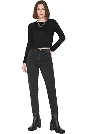 Trendyol Damen Herren Basic Mittlerer Bund Mom Jeans, Anthrazit, 32 EU