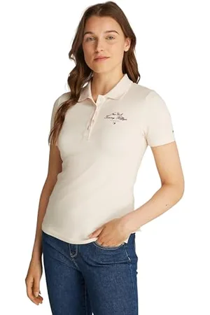 Tommy Hilfiger Damen Poloshirt Kurzarm Script Graphic Slim Fit, Elfenbein (Ivory Petal), M