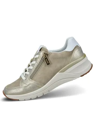 Bugatti Damen-Weiße Sneakers mit Blumenakzenten, Logo-Details, cleverer Schnürung für einfache Passform und robusten Gummisohlen, Sand/Metallics, 42 EU
