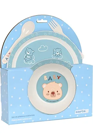 Safta Teller und Besteck-Set, Packung, Teller, Besteck, Baby, Starthilfe, Essen, bequem und vielseitig, 22,5 x 5,5 x 26 cm, Pastellblau, , Estándar, Casual