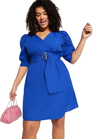 Trendyol Damen Mini Wrapover Regular fit Woven Plus Size Dress Kleid, Blue, 46 (Übergröße)