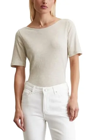 Marc O’ Polo Marc OߴPolo Damen T-Shirt aus Bio-Baumwolle mit U-Boot Ausschnitt, Cremefarben , L