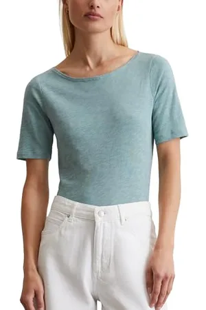 Marc O’ Polo Marc OߴPolo Damen T-Shirt aus Bio-Baumwolle mit U-Boot Ausschnitt, Blau , M