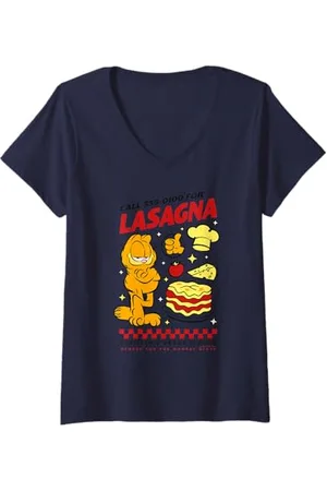Garfield Damen - Lasagne Katze T-Shirt mit V-Ausschnitt