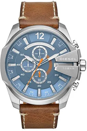Diesel Herrenuhr Mega Chief, QuarzChronographenwerk, 51mm Silbernes Edelstahlgehäuse mit Lederarmband, DZ4458