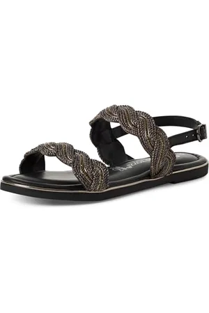 Marco Tozzi Damen Sandalen flach aus Leder Geflochtene Riemen, Schwarz , 36 EU
