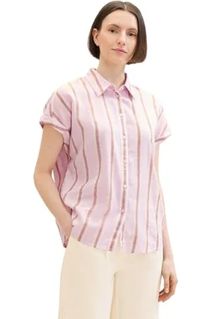 TOM TAILOR Damen Basic Kurzarm-Bluse mit Leinen, lilac brown vertical stripe, 34