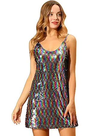 Allegra K Damen Glitzer Sparkle Verstellbare Träger Mini Party Pailletten Kleid, Regenbogenfarben, Mittel