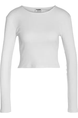Noisy May Damen Einfarbiges Langarm Crop Top Basic Geripptes Stretch Rundhals Oberteil NMMAYA