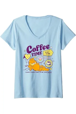 Garfield Damen - Coffee Time Katze T-Shirt mit V-Ausschnitt
