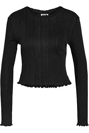 Noisy May Oberteil mit Rüschen Langarm Pointelle Feinstrick Shirt Rundhals Babylock Top NMJUDY, Farben: ,Größe Damen:S