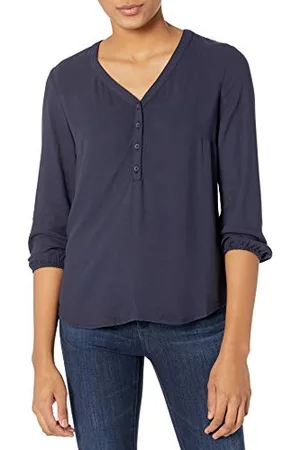 Amazon Damen Popover-Hemd mit 3/4-Ärmeln und Knöpfen, , M