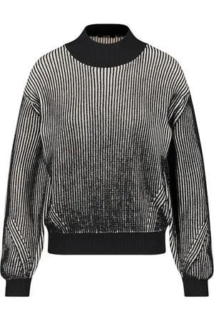 Taifun Damen Rippstrick-Pullover mit Glitzer-Effekt Langarm, Ärmelbündchen unifarben, Gemustert Schwarz Gemustert 44