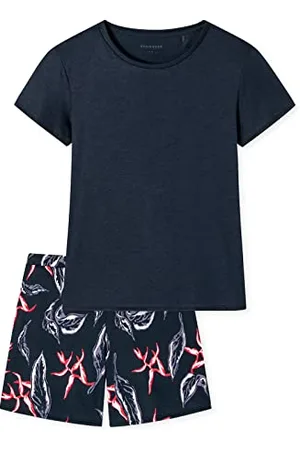 Schiesser Damen Schlafanzug Kurz Pyjamaset, Dunkelblau Floral, 50