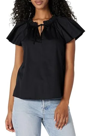 Amazon Damen Weit Geschnittene Bluse mit Volantärmeln aus Baumwoll-Satin, , XXS