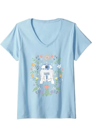 STAR WARS Damen Cute R2D2 Floral Spring Vibes Big Chest Logo T-Shirt mit V-Ausschnitt