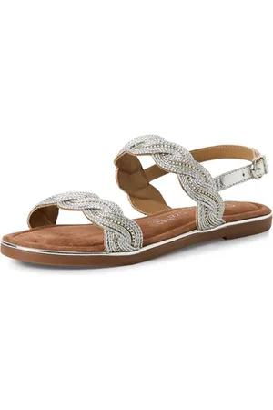 Marco Tozzi Damen Sandalen flach aus Leder Geflochtene Riemen, Silber , 42 EU