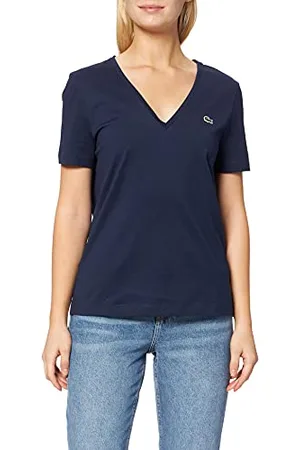 Lacoste Damen T-Shirt V-Ausschnitt TF8392, Frauen Basic Tshirt,Tee,Loose Fit,Blau,40