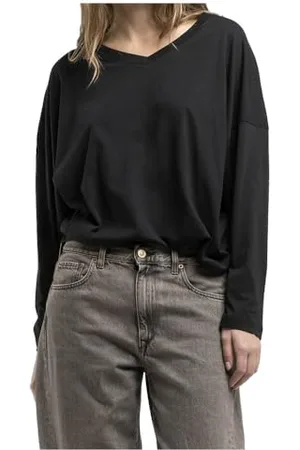 Replay Damen Langarmshirt mit V-Ausschnitt, Schwarz (Black 098), L