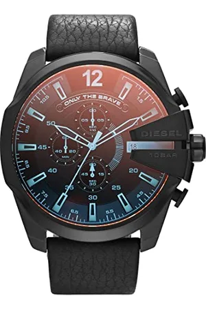 Diesel Herrenuhr Mega Chief, Chronographenwerk, 59mm Schwarzes Edelstahlgehäuse mit Lederarmband, DZ4323