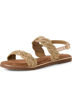 Marco Tozzi Damen Sandalen flach aus Leder Geflochtene Riemen, Metallisch (Rose met. Comb), 40 EU