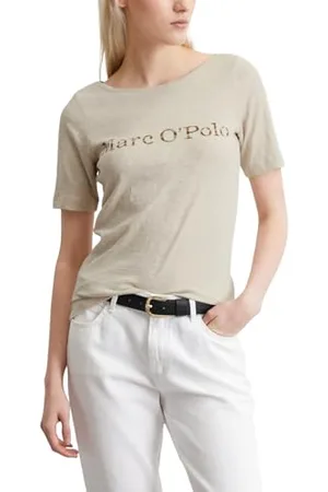 Marc O’ Polo Marc OߴPolo Damen T-Shirt aus Bio-Baumwolle mit U-Boot Ausschnitt, Cremefarben , L