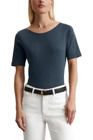 Marc O’ Polo Marc OߴPolo Damen T-Shirt aus Bio-Baumwolle mit U-Boot Ausschnitt, Blau , L