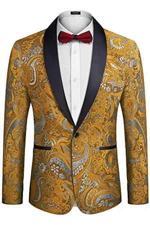 Coofandy Herren Floral Smoking Jacke Luxus Bestickter Anzug Hochzeit Blazer Abendessen Smoking für Party, goldgelb, L