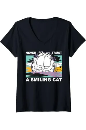 Garfield Damen - Traue niemals einer lächelnden Katze T-Shirt mit V-Ausschnitt