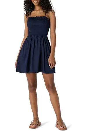 Amazon Damen Regular-Fit-Kurzkleid ausBaumwollsatin mit Gesmoktem Mieder, , XXS