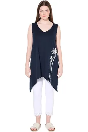 Ulla Popken Damen große Größen Übergrößen Plus Size Top, Zipfelsaum, V-Ausschnitt, ärmellos, Biobaumwolle